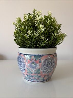 Vintage Chinoiserie Porcelain Ceramic Fish Bowl Planter Pot Pink & Blue Floral